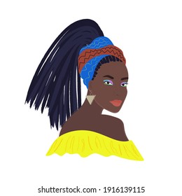 African woman with bright makeup and dreadlocks. Abstract portrait. Vector illustration.