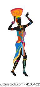 African woman in bright national costume dance dancing with a pitcher