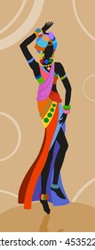 African woman in bright national costume dance dancing with a pitcher