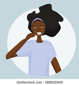 African woman brushes her teeth daily with a toothbrush. Oral hygiene every day. It is important to brush your teeth properly and on time.  Vector illustration flat design