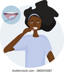 African woman brushing her tongue with a toothbrush. An example of care is an open mouth with a tongue and healthy, clean teeth. Oral hygiene concept every day. Vector illustration of flat design