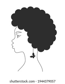 African woman with a butterfly earring. Line art female portrait. Curly hair. Vector illustration isolated on white background.