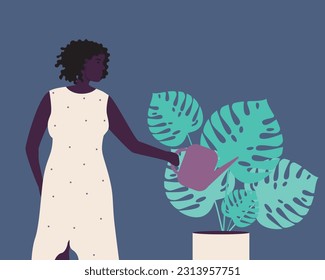 African woman and caring for a plant in a pot isolated, flat vector stock illustration