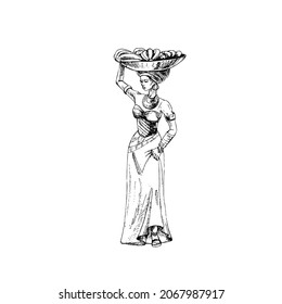 African woman carries a basket with branch fresh banana on her head. Vintage vector hatching black hand drawn illustration isolated on white background