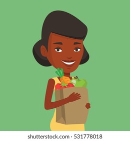 An african woman carrying grocery shopping bag with vegetables. Woman holding grocery shopping bag with healthy food. Girl with grocery shopping bag. Vector flat design illustration. Square layout