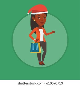 African woman carrying shopping bags. Woman in santa hat holding shopping bags and giving thumb up. Woman buying christmas gifts. Vector flat design illustration in the circle isolated on background