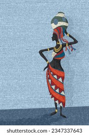 African woman carrying water, copy space vector art graphic mosaic template