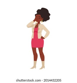 African woman cartoon character standing with facepalm gesture of disappointment and annoyance, flat vector illustration. Woman feeling confused and frustrated.