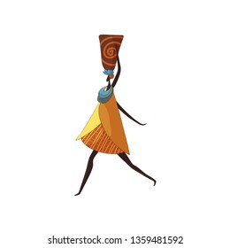 African woman with ceramic vase on white background.