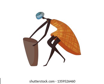 African woman with ceramic vase on white background.