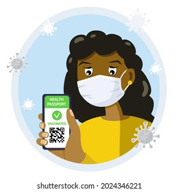 African woman with Certificate of vaccination on mobile phone screen in hand with QR code for health passport concept, app with online tracking coronavirus infection immune. Flat vector illustration.