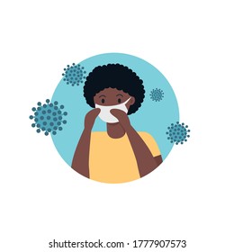 African woman character puts on  medical mask on face. Virus prevention spread. Flat vector illustration.