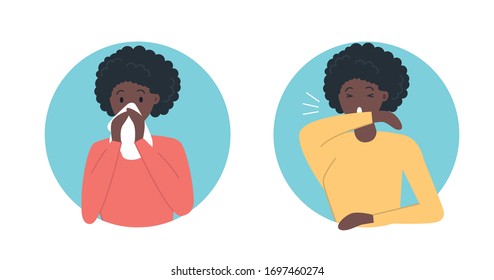 African woman character sneezes in elbow and use paper napkin. How to sneeze right. Virus prevention spread. Flat vector illustration.