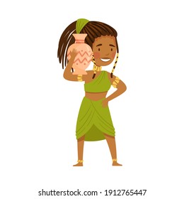 African Woman Character in Traditional Tribal Clothing Carrying Ceramic Vase Vector Illustration