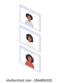 African woman in the chat window. The girl is leading an online conference. Isometry. Vector.