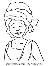 African woman with cheerful gesture, turban and traditional dress with sash. Portrait in outlines over white background.