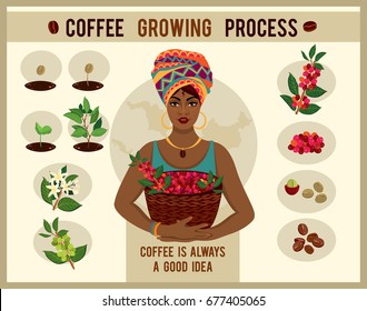 African woman is a coffee farmer with a basket of coffee berries on the farm. Woman in traditional African clothes. Process of planting and growing a coffee tree poster. Coffee growing process
