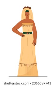 African woman concept. Culture, ethnicity and traditions of Africa. Young girl in traditional white dress. Template, layout and mock up. Cartoon flat vector illustration isolated on white background