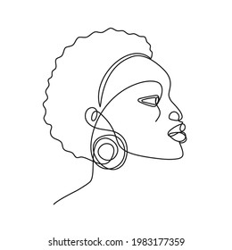 African woman continuous line portrait. Abstract one line drawing of handsome African American face in minimalistic modern style. Vector outline illustration of afro ethnicity woman.