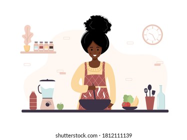 African woman cooking in kitchen. Girl preparing homemade meals for lunch or dinner. Preparation homemade pastry or baking. Flat cartoon vector illustration.