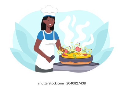 African woman cooking noodles. Preparing lunch, delicious food, international. Cook works in kitchen. Tasty dishes in wok frying pan. Cartoon flat vector illustration isolated on white background