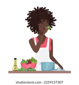 African woman cooking salad. Food blog, healthy food cooking recipe vector cartoon illustration