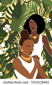 Retrato de pareja de mujeres africanas. Obra de arte de una mujer africana minimalista para una invitación a un partido de diseño, impresión de camisetas, afiche de una tienda de moda