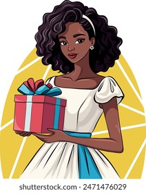 African Woman with Curly Hair Holding a Gift Box