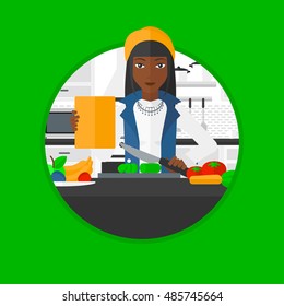 An african woman cutting vegetables for salad. Woman following recipe for salad on digital tablet. Woman cooking salad in kitchen. Vector flat design illustration in the circle isolated on background.