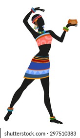African woman dancing ritual dance in the bright national costume