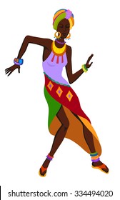 African woman dancing ritual dance in the bright national costume