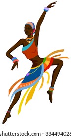 African woman dancing ritual dance in the bright national costume