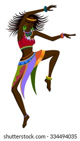 African woman dancing ritual dance in the bright national costume