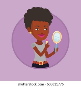 African woman doing makeup. Woman rouge lips with red color lipstick. Young woman paints her lips. Woman applying lips makeup. Vector flat design illustration in the circle isolated on background.