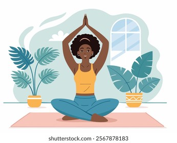 African woman doing yoga exercises with hands up, practicing meditation on mat at home. Black girl character in yoga. Trendy flat or cartoon vector illustration.