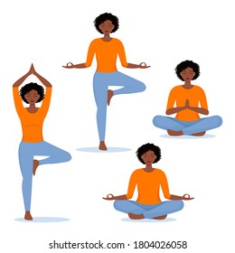 African woman doing yoga set. Yoga different poses. Vector illustration in flat style