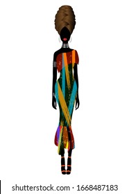 African woman dress, Afro women's Ankara clothing. Dashiki dress, colorful and classy with a head wrap. Vector isolated on white background