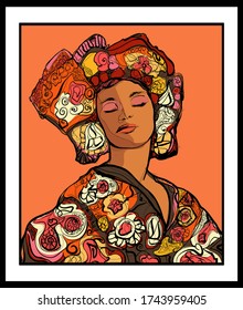 African Woman Dressed in Traditional  -  Style and fashion concept advertising - vector illustration (Ideal for printing on fabric or paper, poster or wallpaper, house decoration)