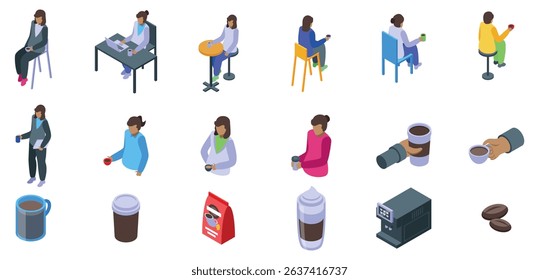 African woman drinking coffee icons set. Isometric coffee icons set featuring people enjoying coffee, using coffee machines