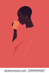 African woman drinks a hot coffee from a cup. Profile of a standing woman on a red background. Vector flat illustration