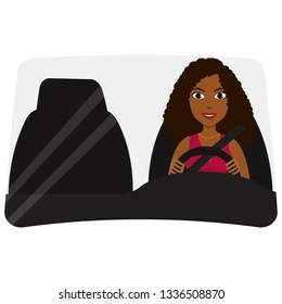 African woman driver. Lady driving. Seat belt, front window view.  Eps 10 vector illustration