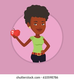 African woman enjoying fresh healthy apple. Woman holding an apple in hand. Woman eating an apple. Concept of healthy nutrition. Vector flat design illustration in the circle isolated on background.