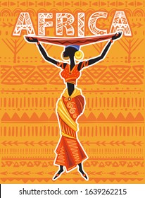 African woman in ethnic dress on Ethnic geometric background