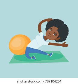 African woman exercising in the gym. Woman doing stretching on the exercise mat. Sportswoman stretching before training. Woman doing stretching exercises. Vector cartoon illustration. Square layout.