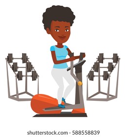 African woman exercising on elliptical trainer. Woman working out using elliptical trainer. Woman doing exercises on elliptical trainer. Vector flat design illustration isolated on white background.