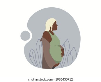 African woman, expecting a child. Pregnant woman in a flat style. Icon of future mommy in profile. Vector flat design illustration isolated on white background.