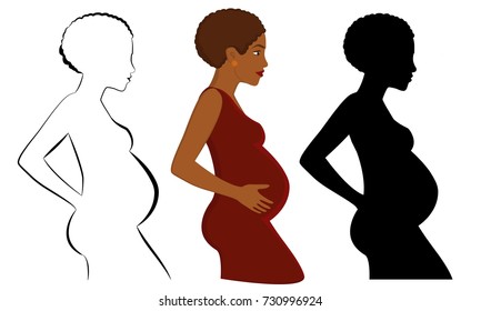 African woman, expecting a child.Sketch,drawing and silhoette of pregnant woman.Icon of future mommy in profile.Vector illustration of full body detailed characters in a flat style, isolated on white