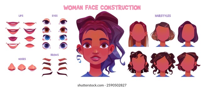 African woman face construction set isolated on white background. Vector cartoon illustration of female character avatar constructor, different color eyes, eyebrows, noses, lips, hairstyles for girl