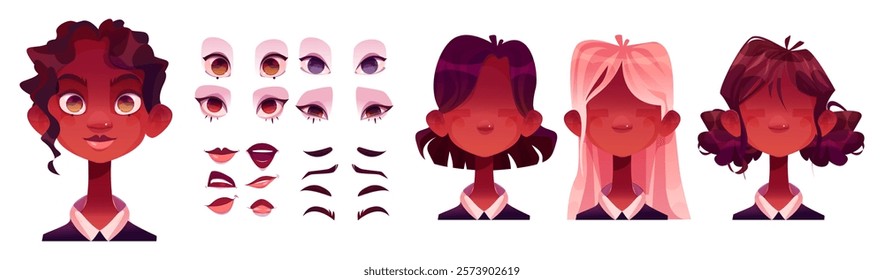 African woman face constructor set with diverse hairstyles. Collection of eyes, lips, brows expressions for young female cartoon character creation. Vector girl avatar diy building elements.