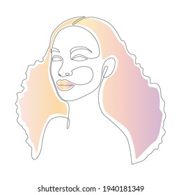 African woman face line drawing. Minimalistic abstract women portrait continuous line art with pastel color shapes for logo, prints, tattoos, posters, textiles, postcards. Vector illustration
